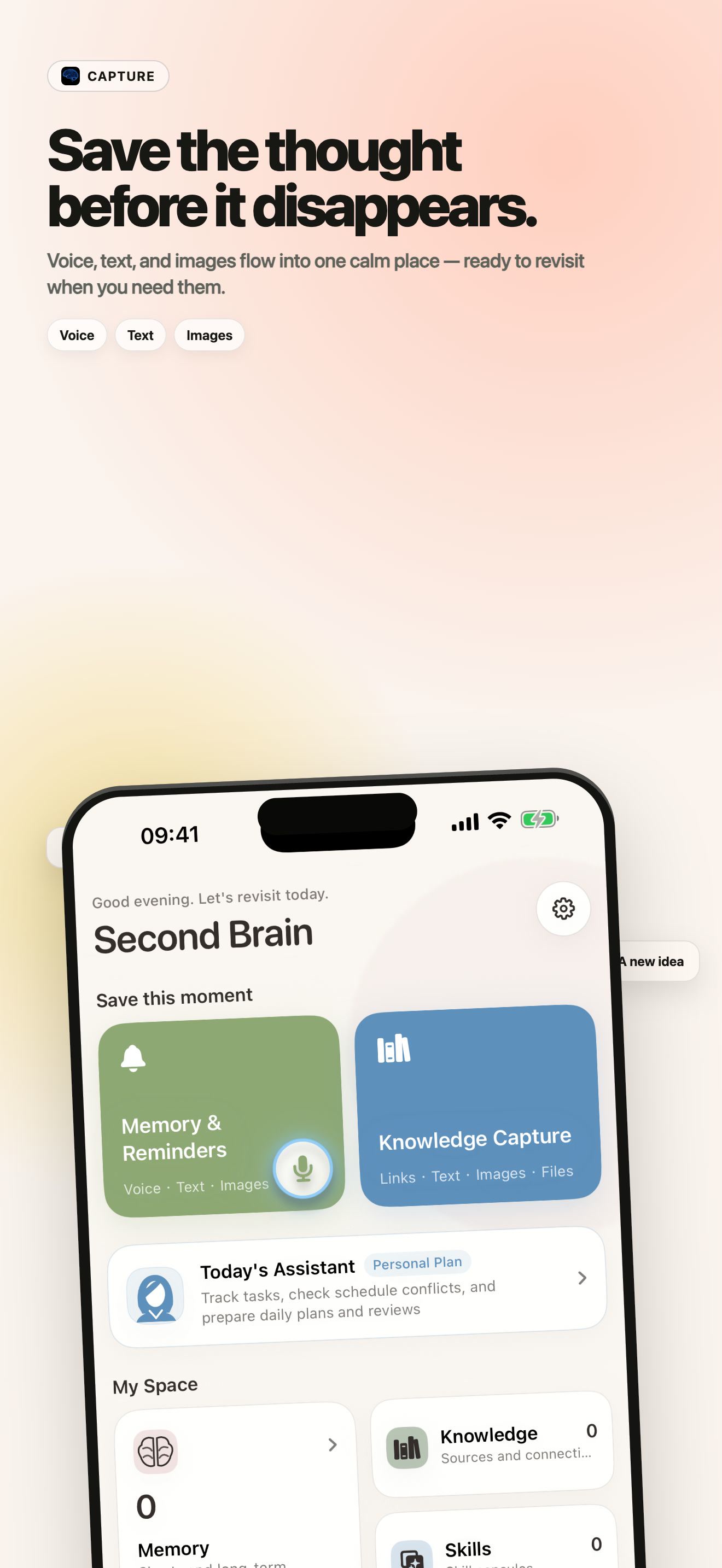 Second AI Brain capture screen for voice, text, images, files, and links