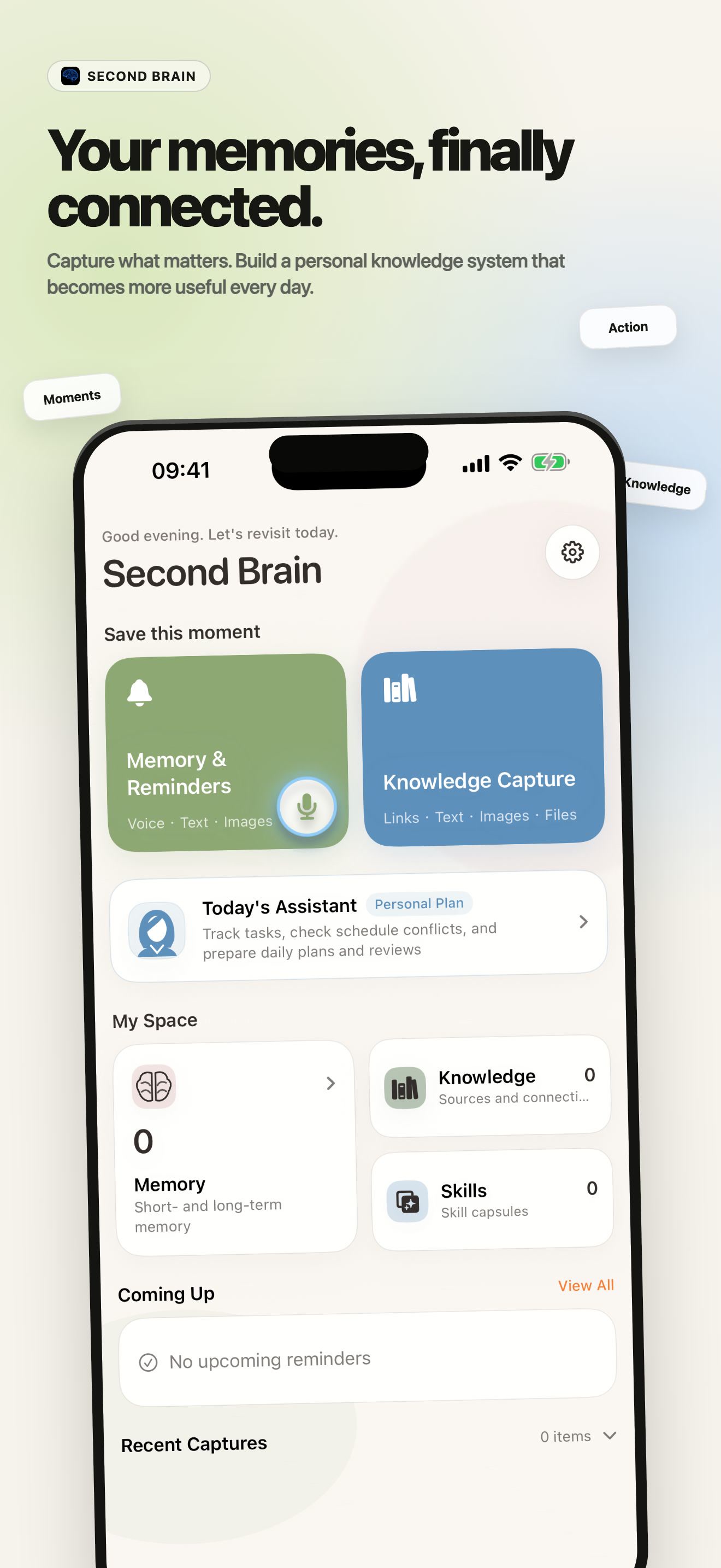 Second AI Brain home screen with memory, knowledge, and personal assistant